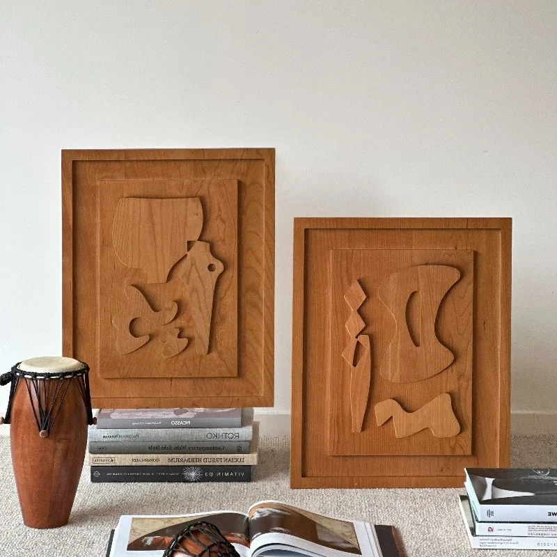 Carved Cherry Wood Decor Painting Mid-Century Modern Home Decor Handcrafted Decorative Panel for Living Room Calligraphy Arts
