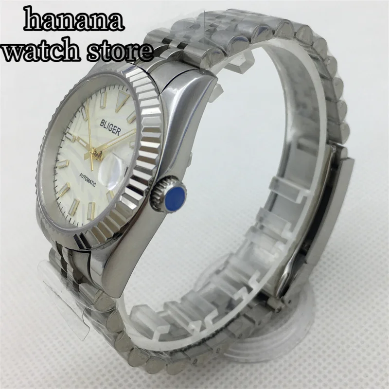 36 мм 39 мм золотой безель, белый циферблат, зеленый светящийся NH35, автоматический механизм, мужские часы, браслет из нержавеющей стали, сапфировое стекло