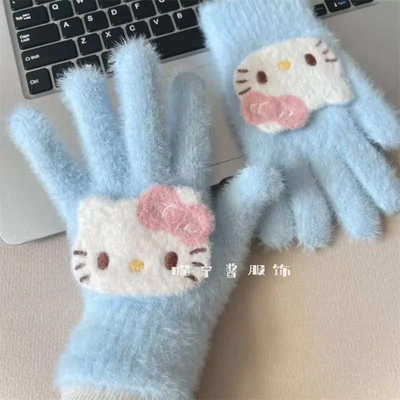 MINISO Sanrio Hello Kitty lindo montar guantes de cinco dedos mujer invierno femenino corazón ciclismo invierno mantener caliente Anime a prueba de viento nuevo