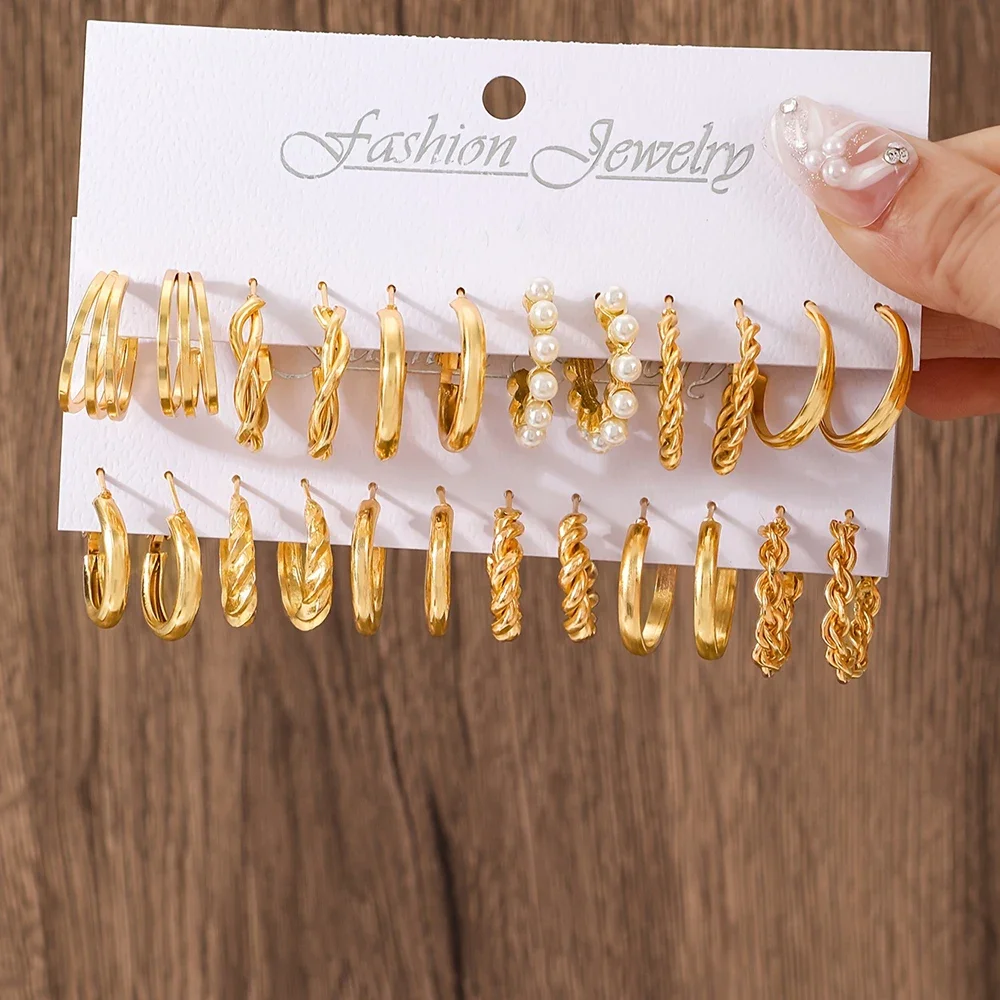 Boho Big Circle Hoop Earring Set for Women, Gold Color Bohemia Vintage Pearl Earring Heart Zircon Ear Studs Jewelry Gifts