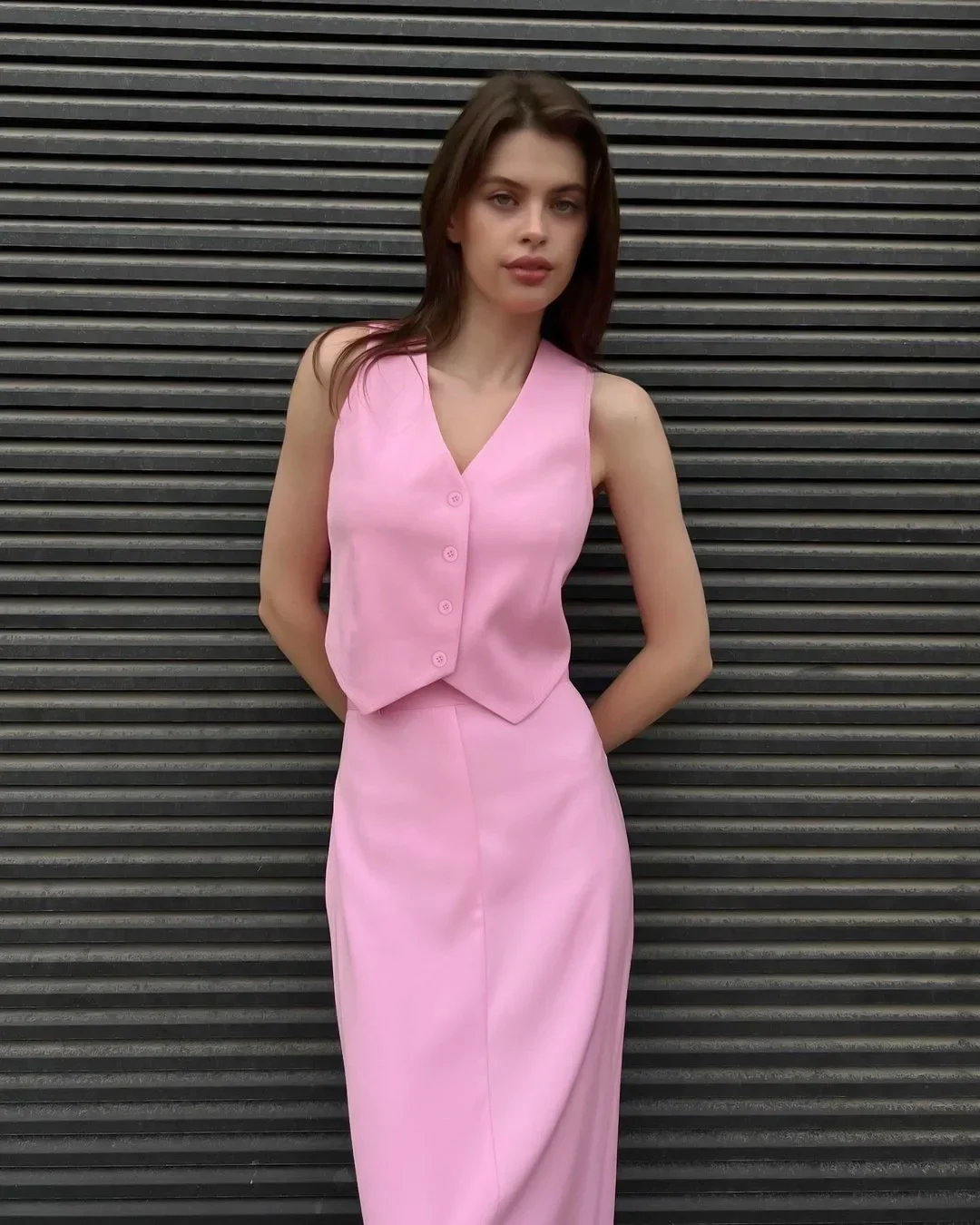 

Fashionable 2024 Women Casual Two Piece Skirt Set Sleeveless Vest Short Top+Split Waist Skirt Autumn Two-piece Outfit