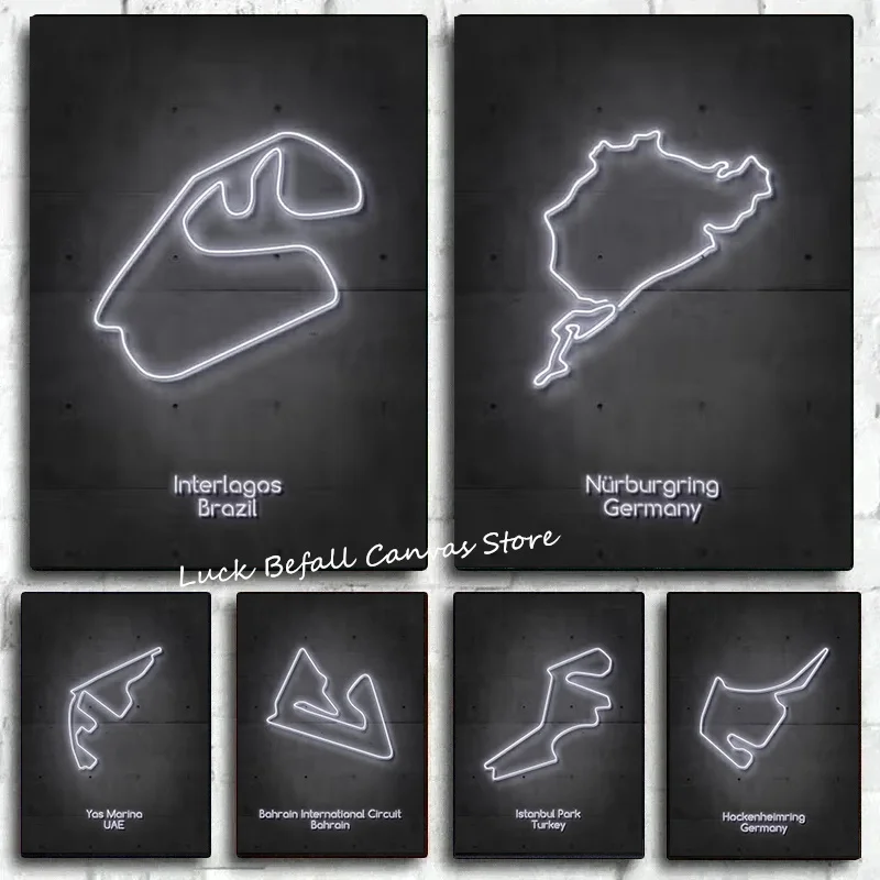 Neon F1 Formula Race Track Circuits Abstract Posters and Prints Canvas Painting Wall Art Pictures for Room Home Decor NO LED