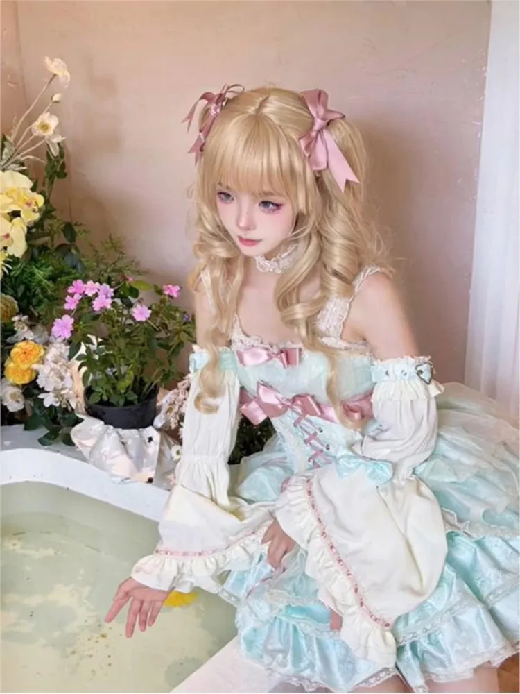 A green and pink gentle cute 2D puffy subculture pure adorable dress