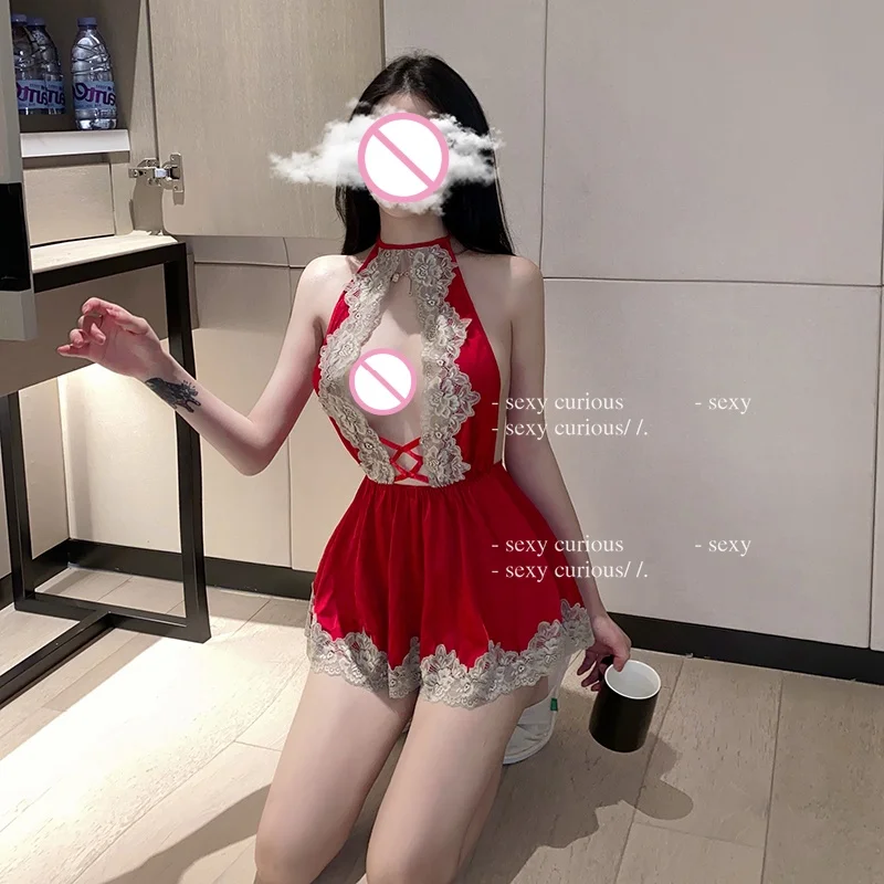 Hot Erotic Crotchless Lingerie For Women Lace Hollow Bodysuit Sexy Costumes Deep V Open Bra Teddy Babydoll Dress Porno Underwear