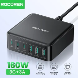 Rocoren 160W USB Type C Charger 6 Ports Portable Fast Charging Desktop Type-C Charger Power Station for iPhone 16 15 Pro Max