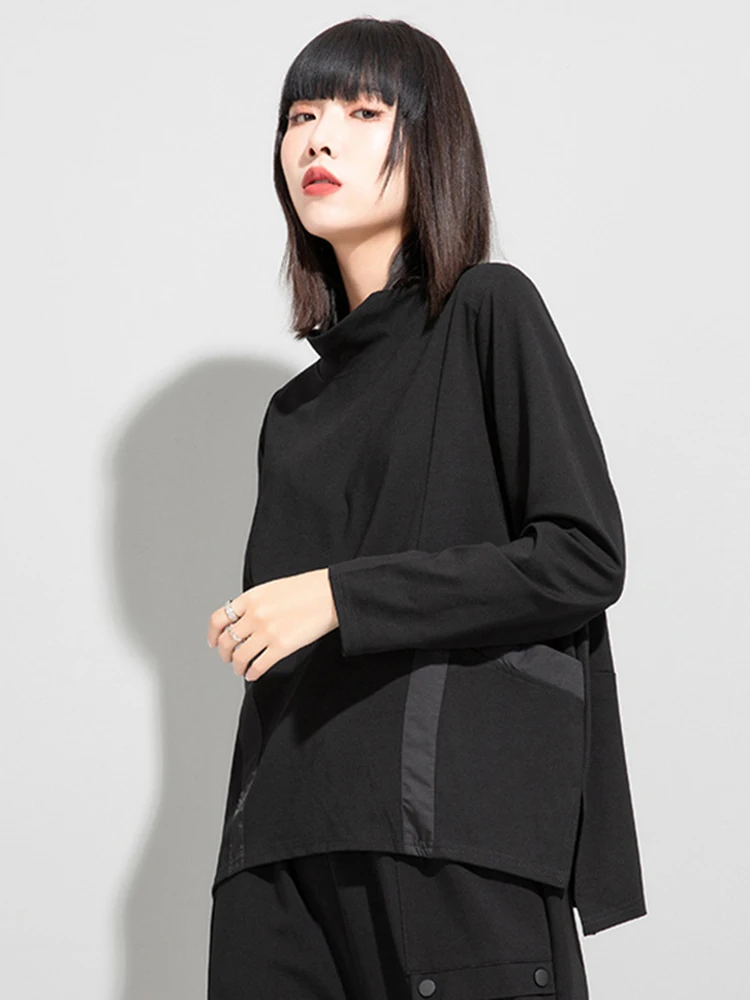 [EAM] Loose Fit Black Pocket Irregular Sweatshirt New Stand Collar Long Sleeve Women Big Size Fashion Spring Autumn 2024 1DE4263