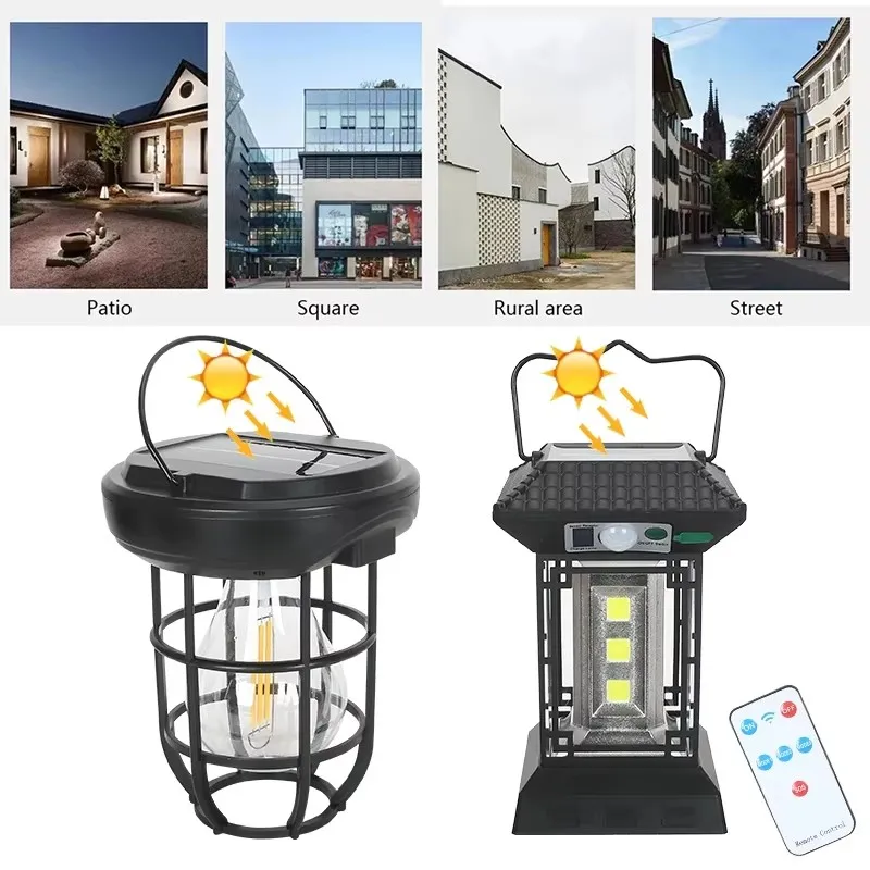 Outdoor Solar Retro Wall Light Human Body Sensor Tungsten Camping Lamp Waterproof Garden Courtyard Villa LED Lighting Lantern