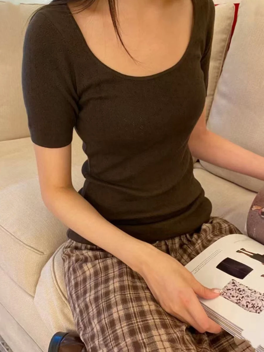 

Brown Eyelet Knitted Slim T-shirt Women U Collar Cotton Basic Short Sleeve Tee Shirt Summer Preppy Style Vintage Sweet Tops Tees