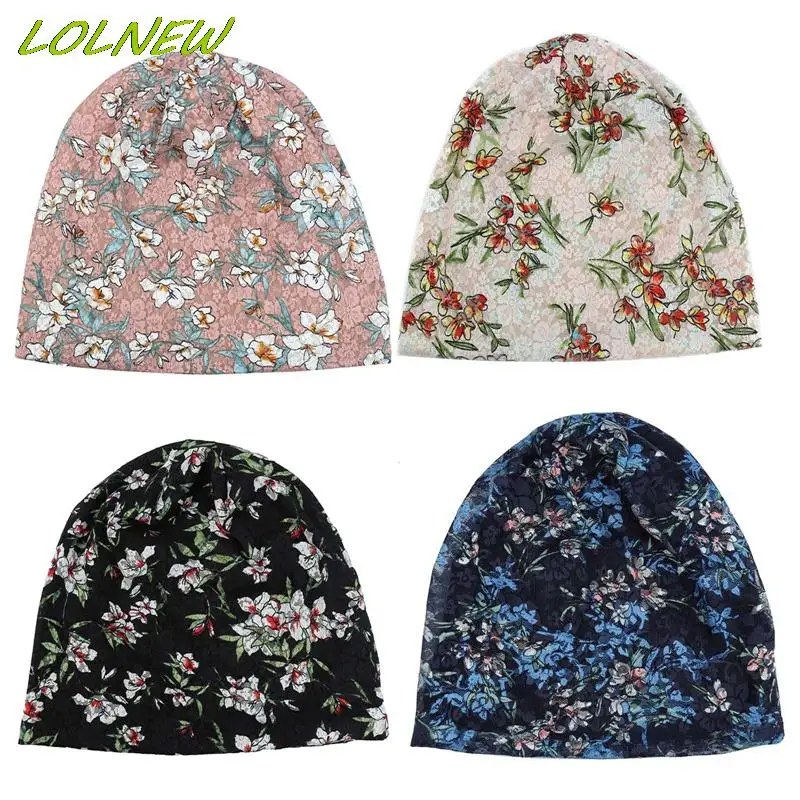 Women's Thin Head Cap Breathable Turban Cap Summer Confinement Cap Air Conditioning Cap Flower Printed Beanie Cap