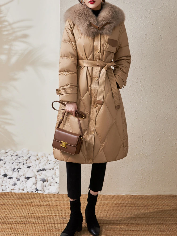 

Winter High End Natural Fur Collar Knee Length Down Jacket Women White Duck Down Lace Up Parker Outwears Female Warm Long Jacket