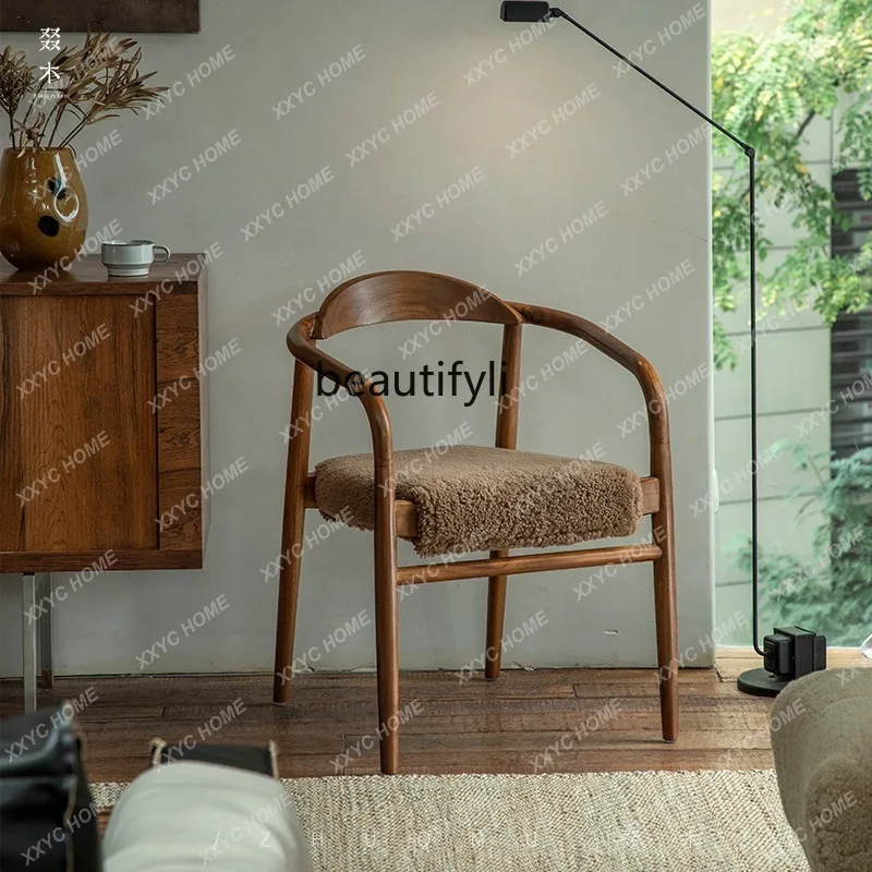 Y Crescent Armchair\ French Medieval Teak Solid Wood Lamb Wool B & B Stackable Dining Table and Chairs