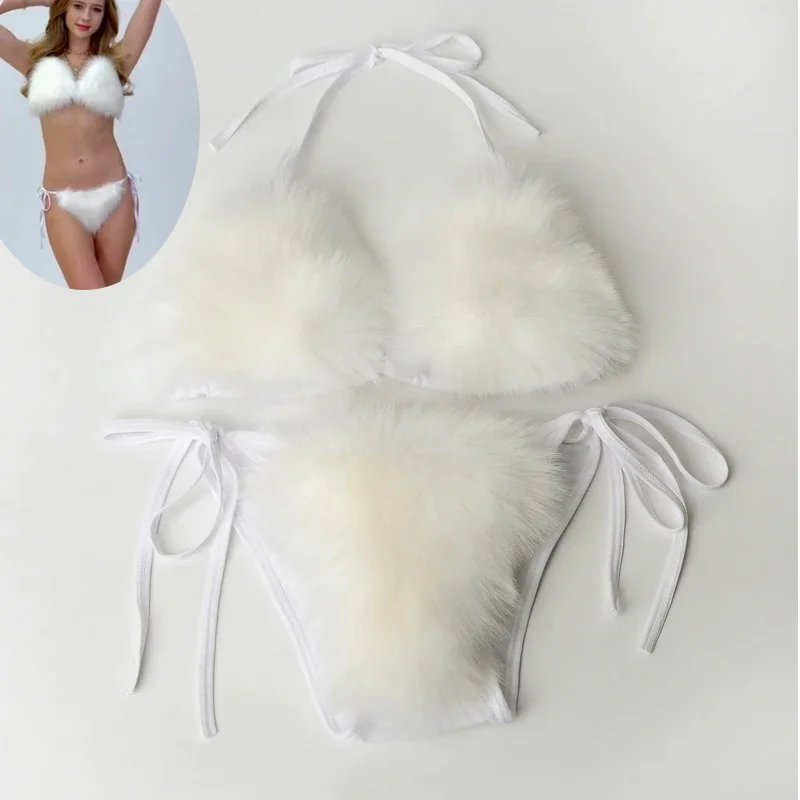 2024 New Arrival Women's Faux Fur Halter String Triangle Bikini Sets Two Piece Swimsuits