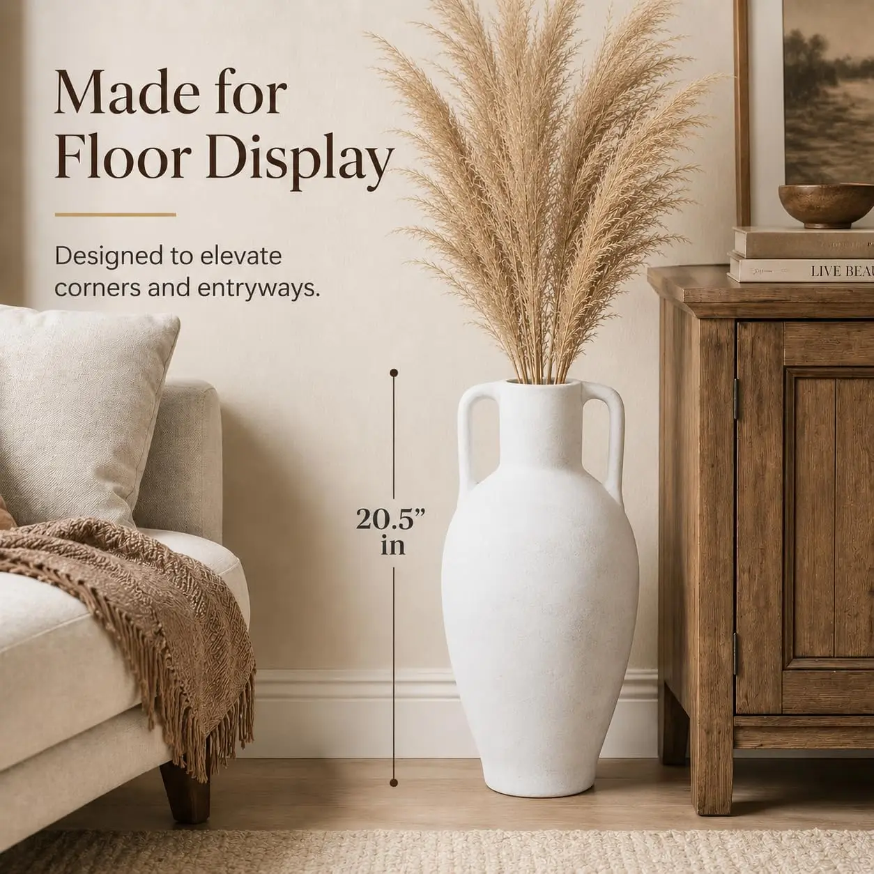 20.5in Ceramic Floor Vase with Handles | Hand-Painted Glaze Craft, Pure White Finish, Light Black Speckled Accents, Rustic Farmh