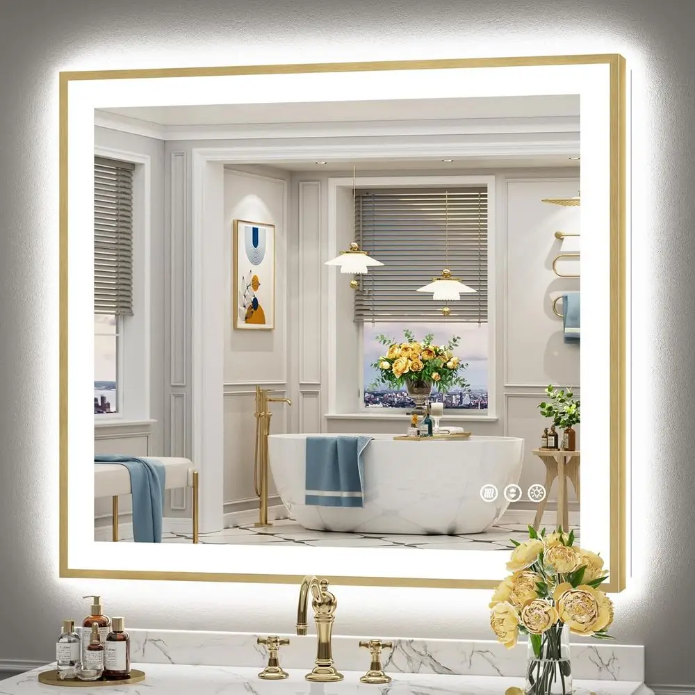 

40x36 Gold LED Bathroom Mirror with Lights, Brushed Gold ed Backlit and ront Lit Anti-og Lighted Vanity Mirror Bathroom Wall, Di