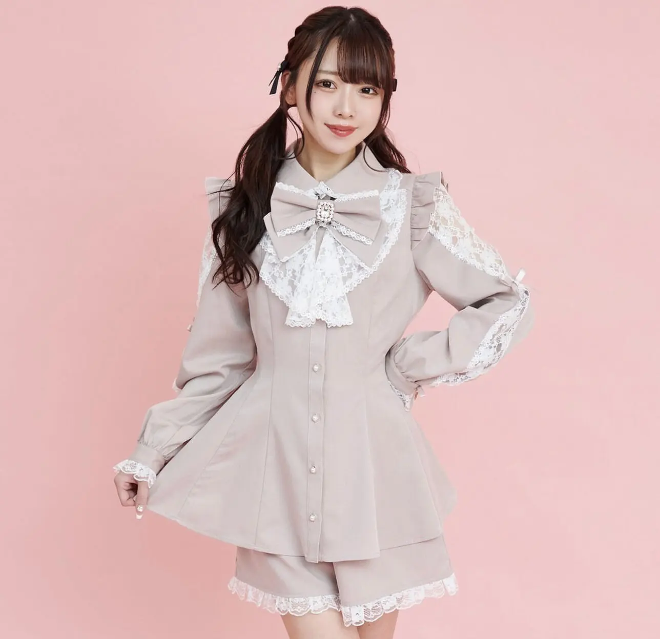 Sweet Style Long Sleeve Two Piece Set with  Knot High Waist Effect Japanese New Arrival Lace Polyester Fiber 100%