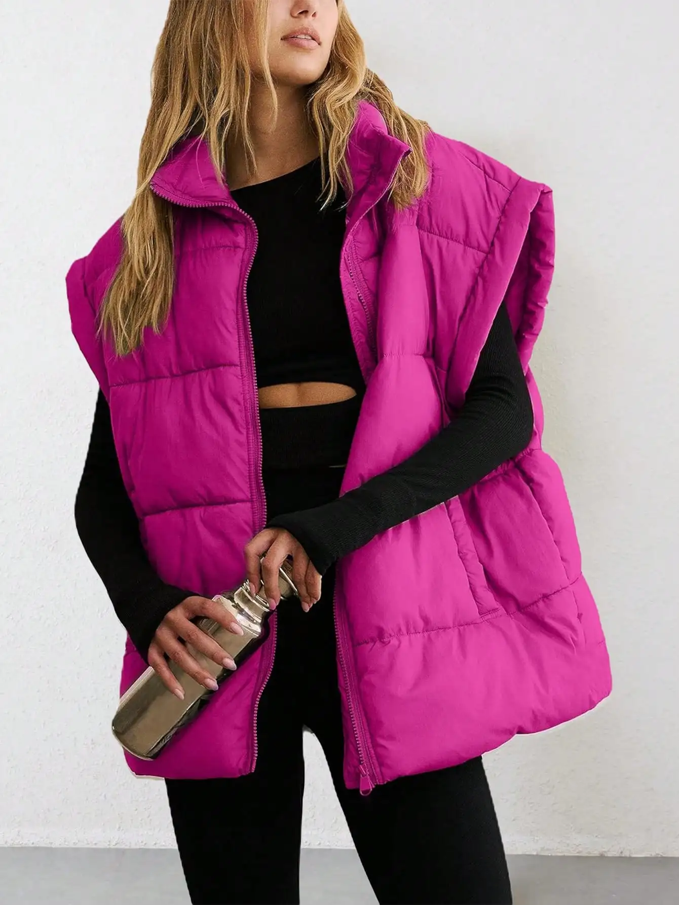 

Women's Pink Puffer Vest with Stand Collar, Lightweight Oversized Quilted Gilet for Casual & Sports