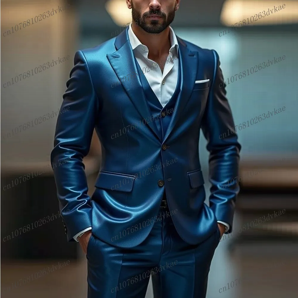 

Блестящий атласный синий мужской костюм для вечеринки, выпускного вечера, особых случаев, деловой жених, жених, свадебные мужские смокинги, комплект из 2 предметов, блейзер, брюки