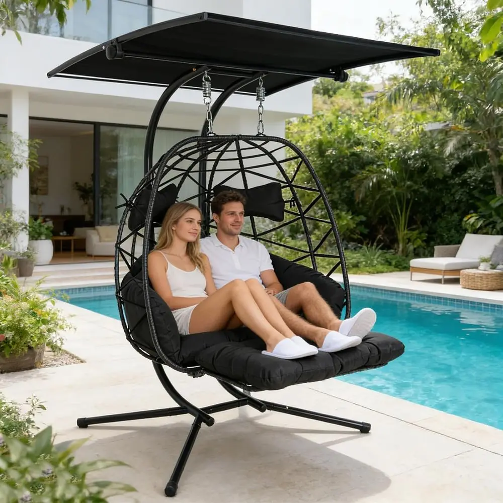 

Extra Large Double Egg Swing Chair with Stand, Adjustable Outdoor 2-Person Seat, Thick Cushion, 600lbs Capacity for Patio or Gar