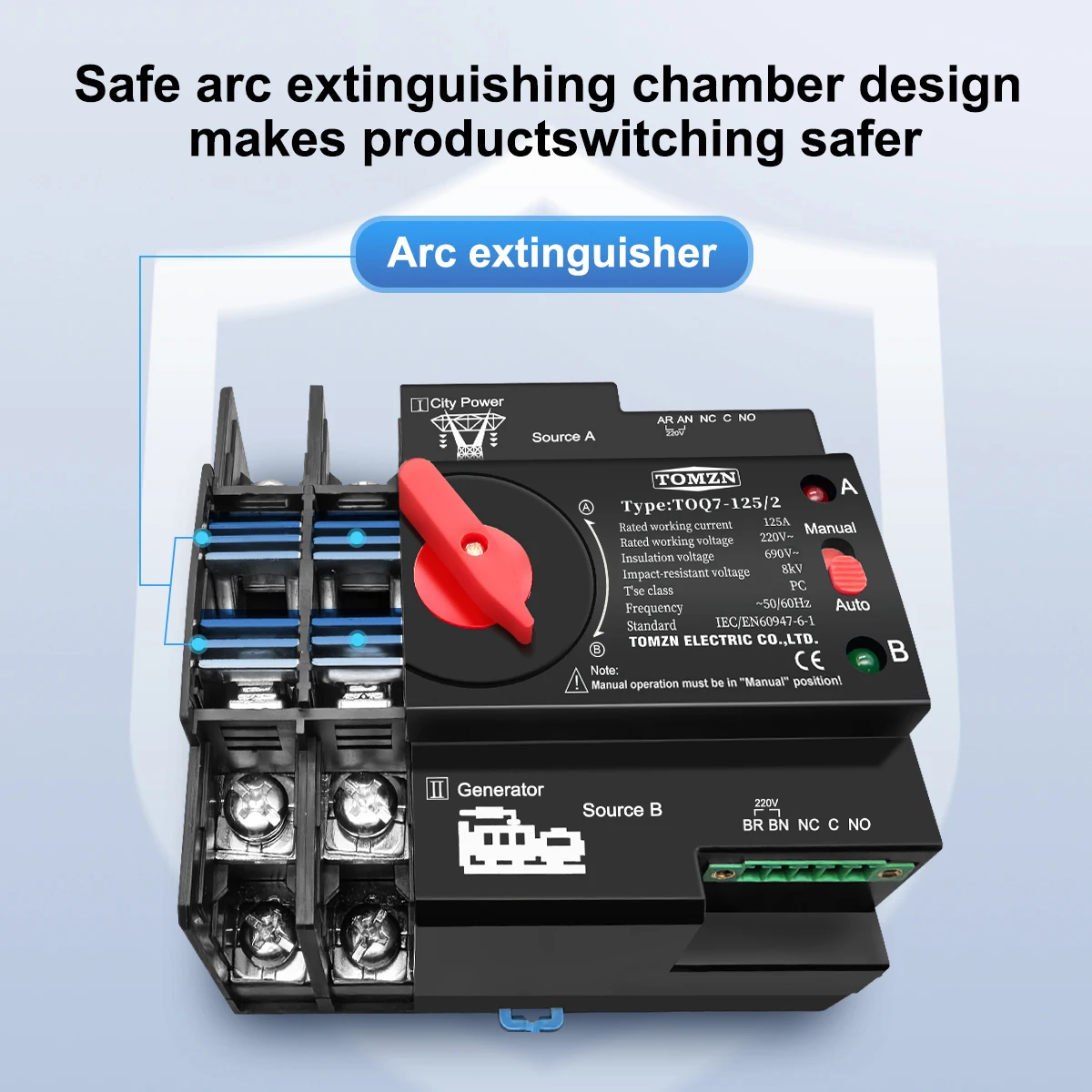 TOMZN Night Light Series Din Rail ATS 220V 230V Dual Power Automatic Transfer Electrical Selector Switch 2P 63A 100A 125A