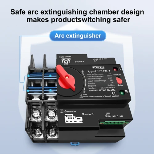 Imagen 2 del producto TOMZN Serie de Luces Nocturnas, Interruptor Selector Eléctrico de Transferencia Automática (ATS) para Riel DIN, Doble Alimentación 220V 230V, 2P 63A 100A 125A