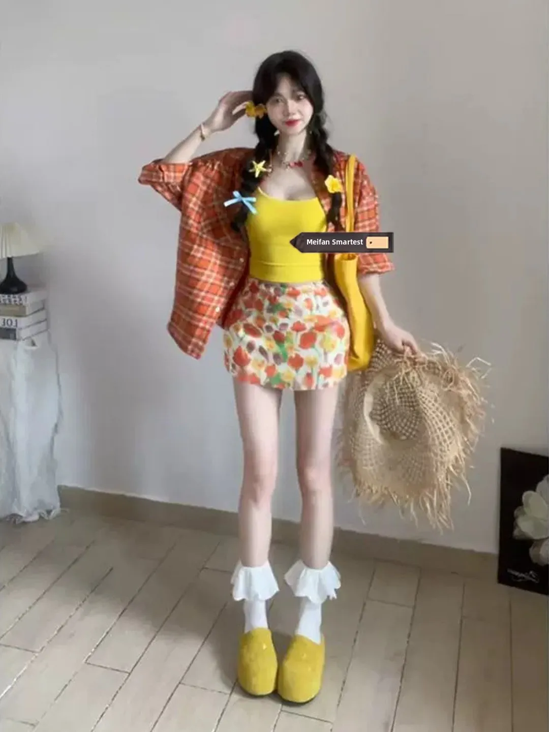 

Summer Island Dopaamine Vacation Outfit Set Women's Yellow Strap Checkered Shirt Floral Short Skirt Three Piece Set Fashionab...