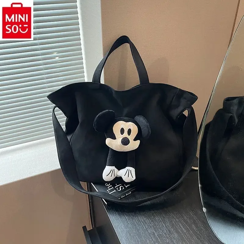 Tas Tote boneka Mickey, tas Tote kapasitas besar untuk wanita, modis dan santai, tas tangan MINISO Disney kartun Mickey Doll