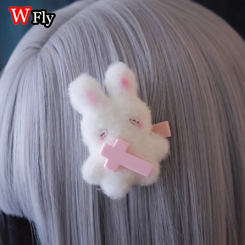 Harajuku Gothic Lolita Y2K girl Decorative Cross Plush Powder Blusher cute Bunny Hairpin with White Pink Hairpin Clip Hair Clip