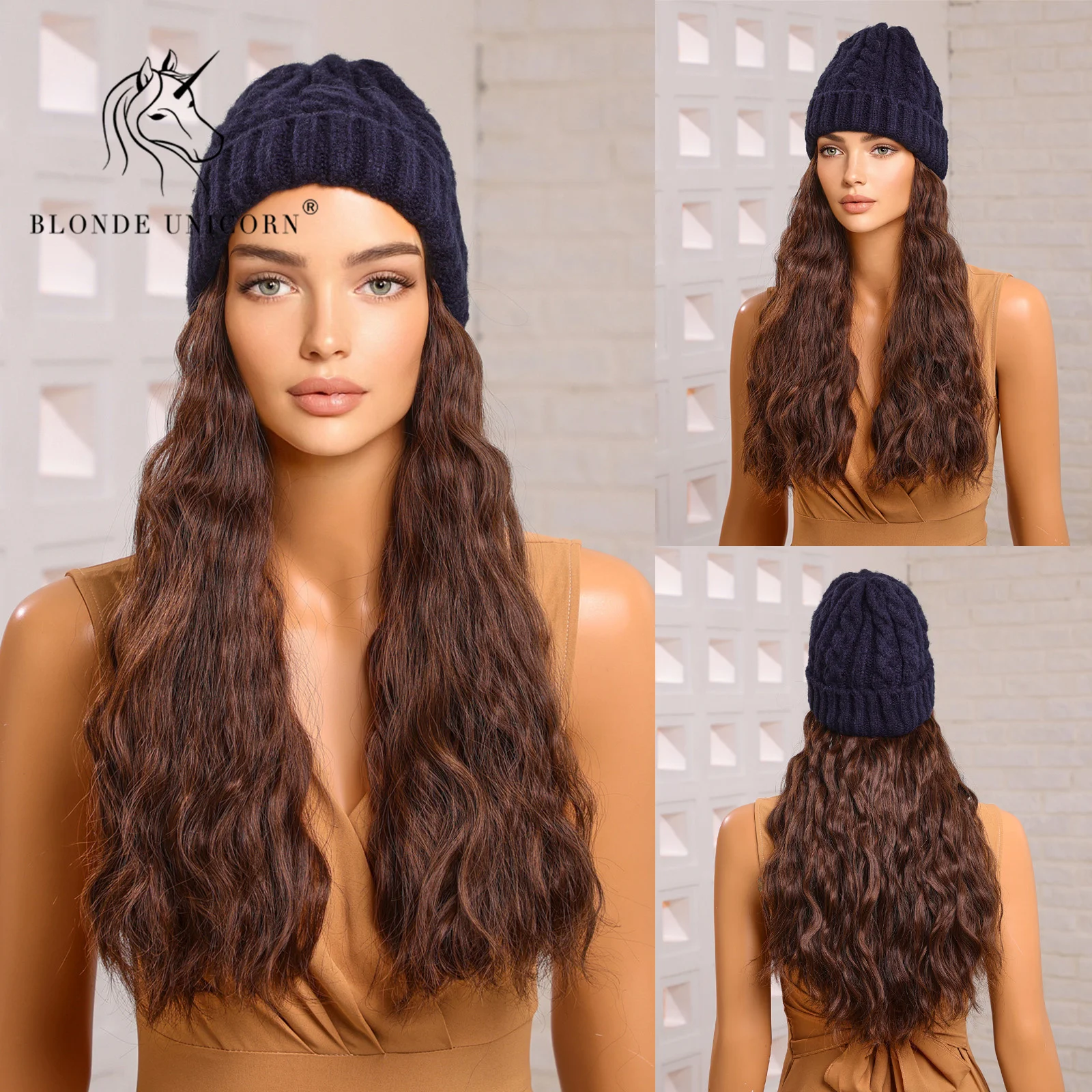 Blonde Unicorn Hat wigs Cap with Hair Hat Wig Brown Body Wavy Connect Synthetic Hair Women Daily Party High Temperature