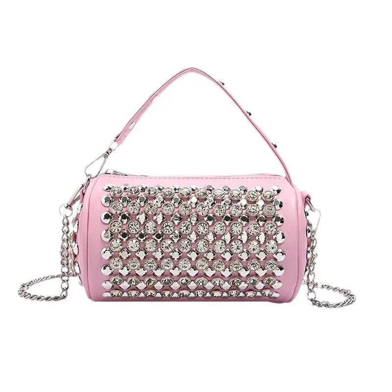 Fashion Women's Handmade Cylinder Handbag Crossbody Shoulder Bag with Water Diamond Detail Versatile Pillow Design