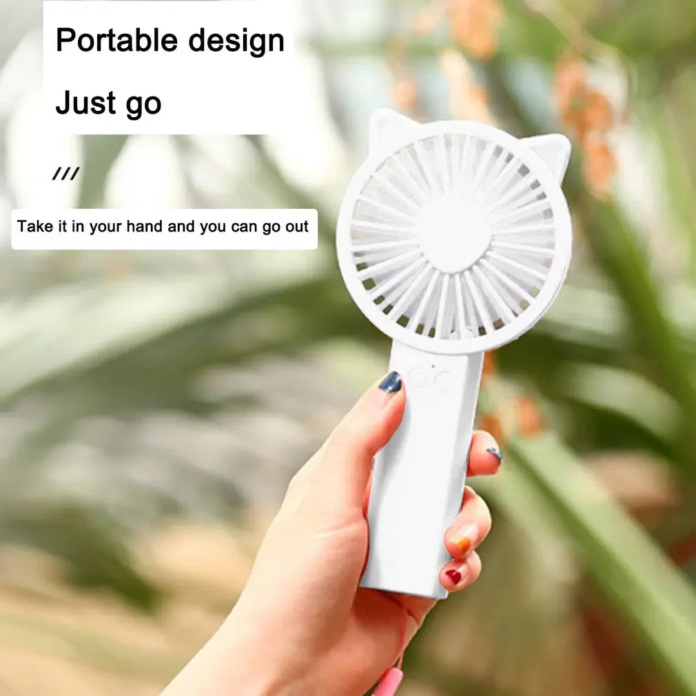 Mini Fan USB Rechargeable Adjustable 3 Speed Cute Cat Hand-Held/Desktop LED Lamp Cooler Ventilator