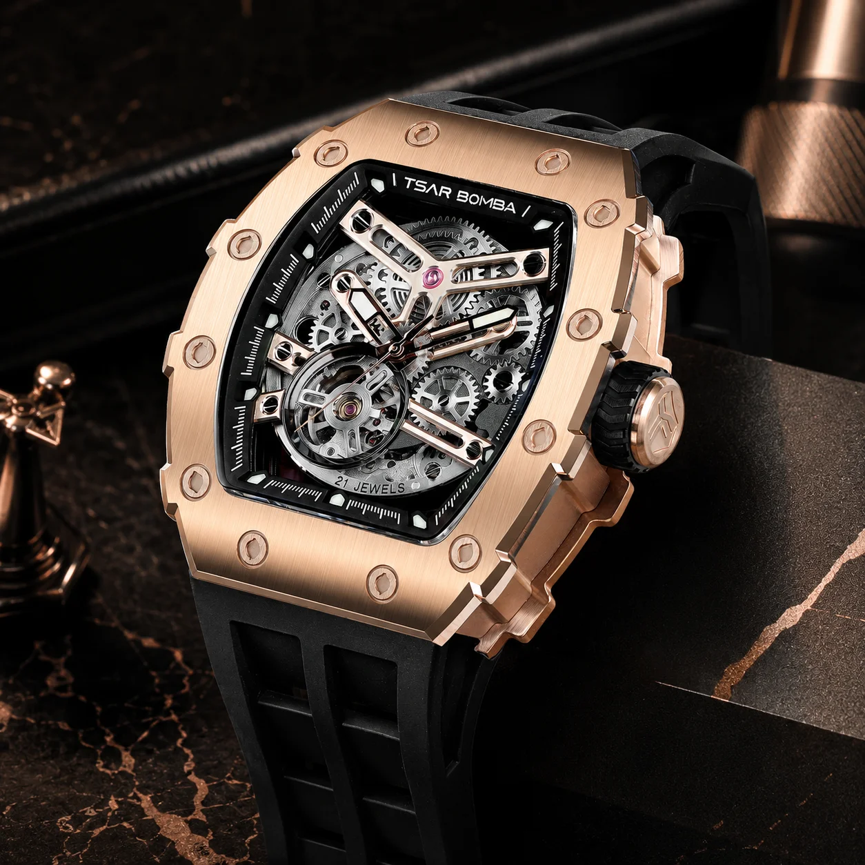 

TSAR BOMBA Men Automatic Watch Miyota 316L Steel Bezel Sapphire Crystal Fluororubber Strap 50M Waterproof Luminous Skeleton Gift