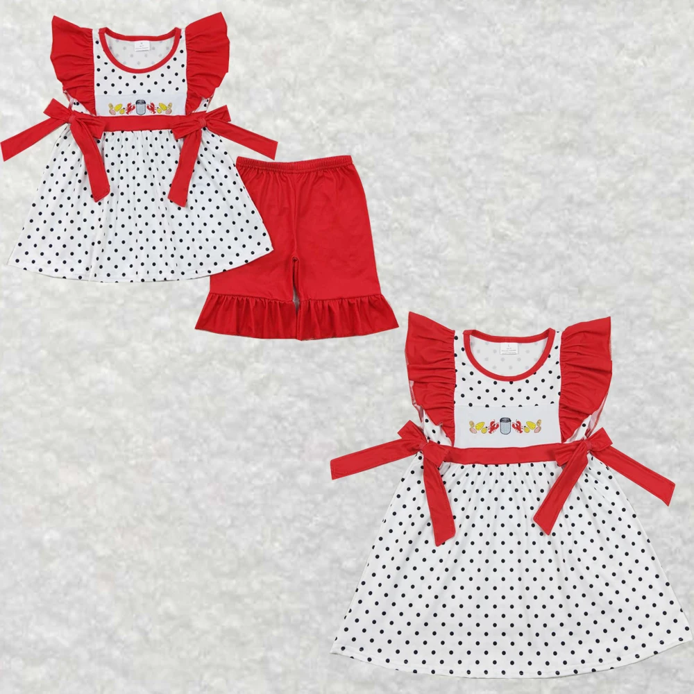 

Wholesale children's clothing for baby girls clothes Embroidered corn crayfish Red lace bow polka dot short sleeve shorts set