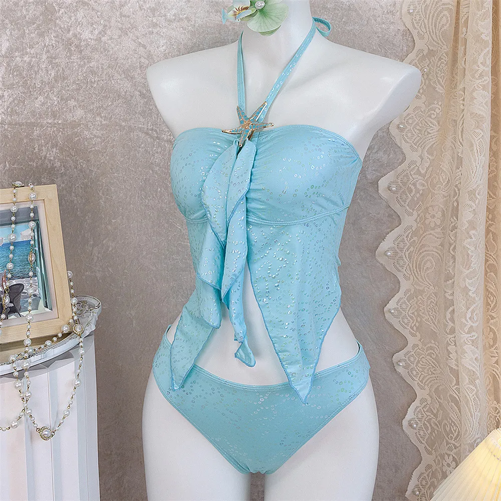 Light Blue String Halter Sexy Bikinis Sets Metal Starfish Swimsuit Women 2026 Ruffled Bow Swimwear Brazilian Bikinis De Mujer