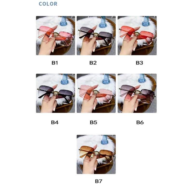 แว่นกันแดดทรงสี่เหลี่ยมไร้กรอบสไตล์วินเทจสำหรับผู้หญิง แฟชั่นหรูหรา ขนาดใหญ่ แว่นกันแดดผู้หญิงสไตล์เรโทร สีชมพู ดำ ไล่เฉดสีแบบกระจก