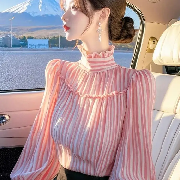

Spring New French-style Elegant Pleated Edge Blouse Unique and Chic Niche Pink Striped Shirt