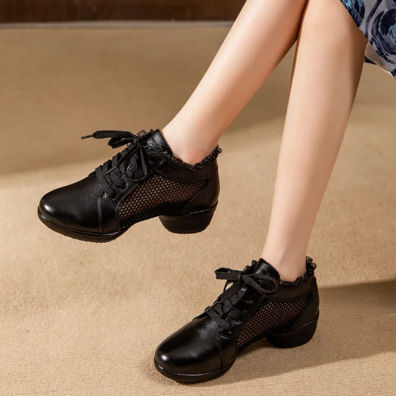 

Женские дышащие сетчатые танцевальные кроссовки, джазовые туфли, удобные танцевальные туфли на шнуровке, повседневные джазовые туфли на каблуке для женщин, летние