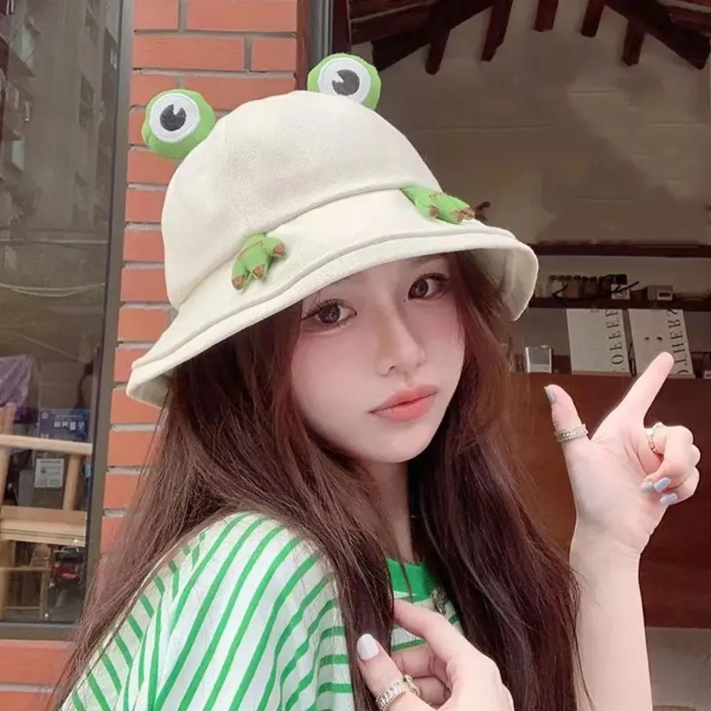 Cute Cute Frog-Shaped Cartoon Frog Bucket Hat Big Eyes Pattern Sunscreen Panama Fishing Cap Foldable Cotton Basin Hats Summer
