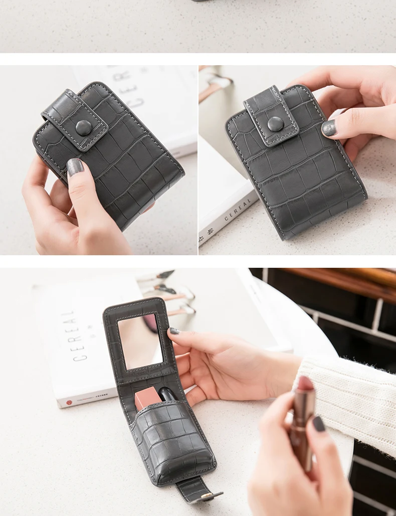 Tragbare Mini-Lippenstift-Tasche mit Spiegel, minimalistische kleine Kosmetiktasche mit Knopf, Damen-Make-up-Aufbewahrungskoffer mit Krokodilprägung – Detail 15