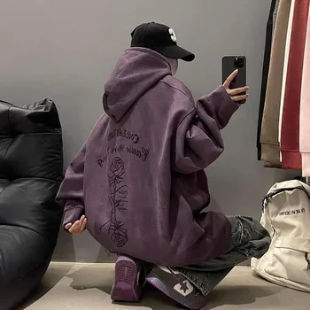 סוודר עם כובע לגברים ונשים, סוודר עם כובע ולווט לסתיו וחורף, בגדי מותג אמריקאיים רטרו מגניבים ומרווחים לזוגות