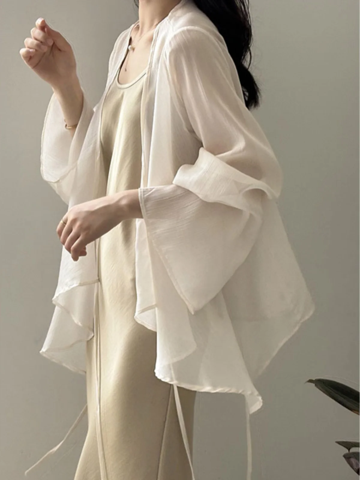 Sun Protection Shawl Cardigan Women's Thin Summer Sleeveless Long Dress Outer Cover up Transparent Clothing Fashionable Commu...