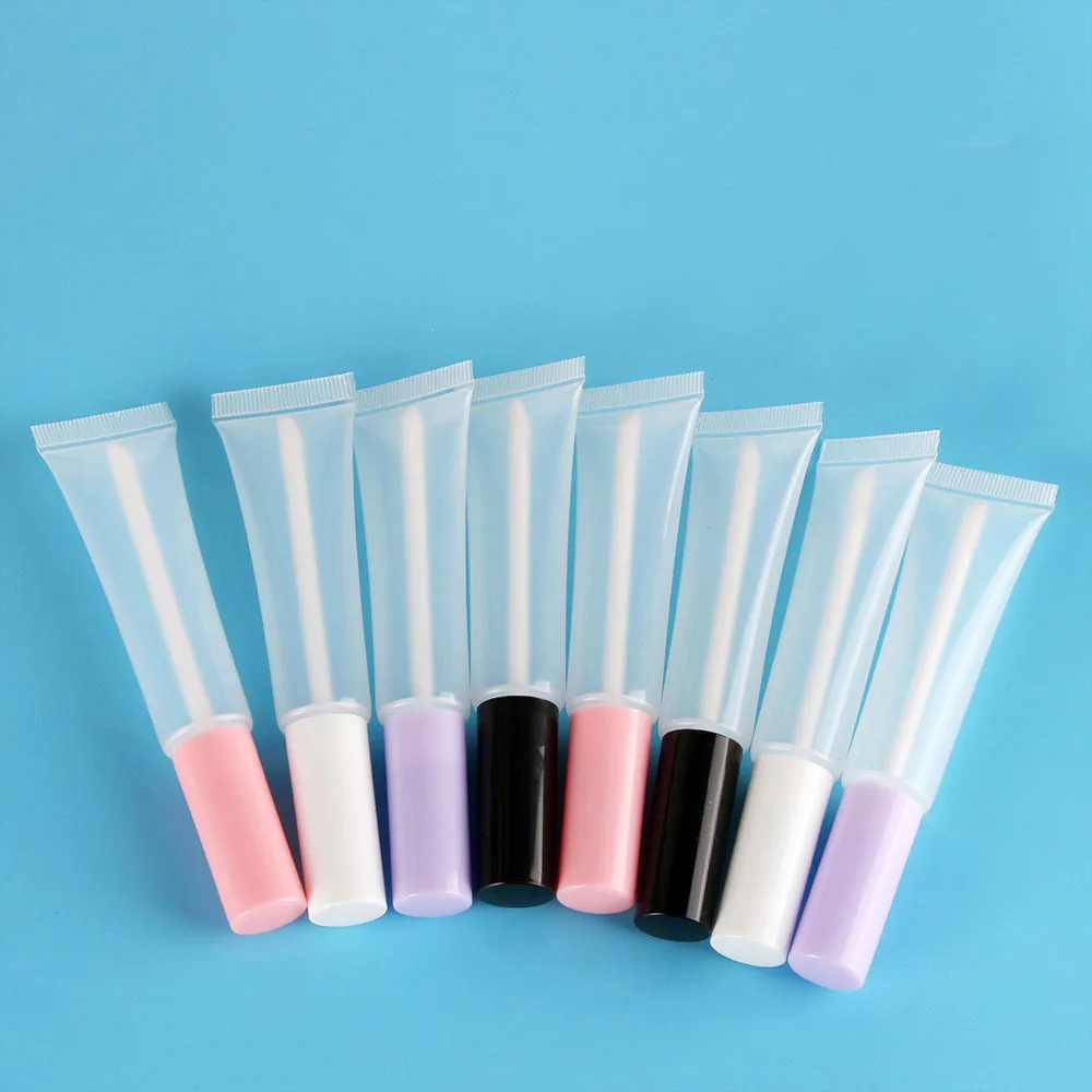 50 buah 15ml Lip Gloss transparan tabung sikat selang kosmetik mulut miring putih merah muda Film ekstrusi bahan kemasan