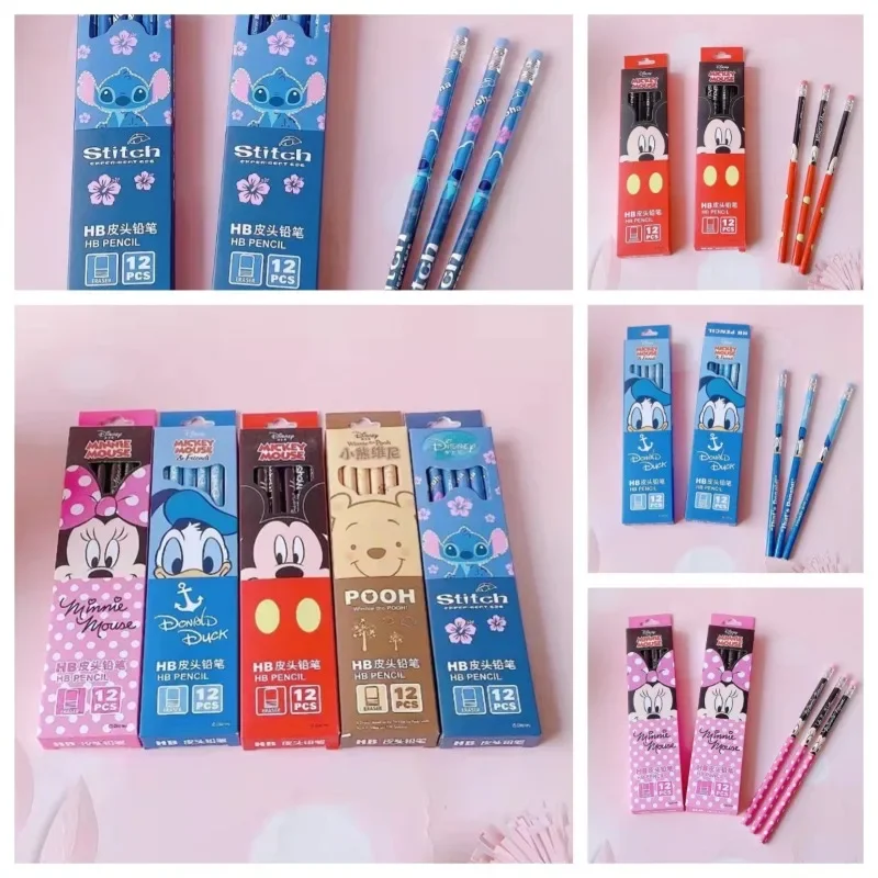 

12pcs/box Disney Stitch Cartoon Children's Pencils Graphite Lead Cute Mickey Minnie HB Pencils Elementary School Supplies Gift