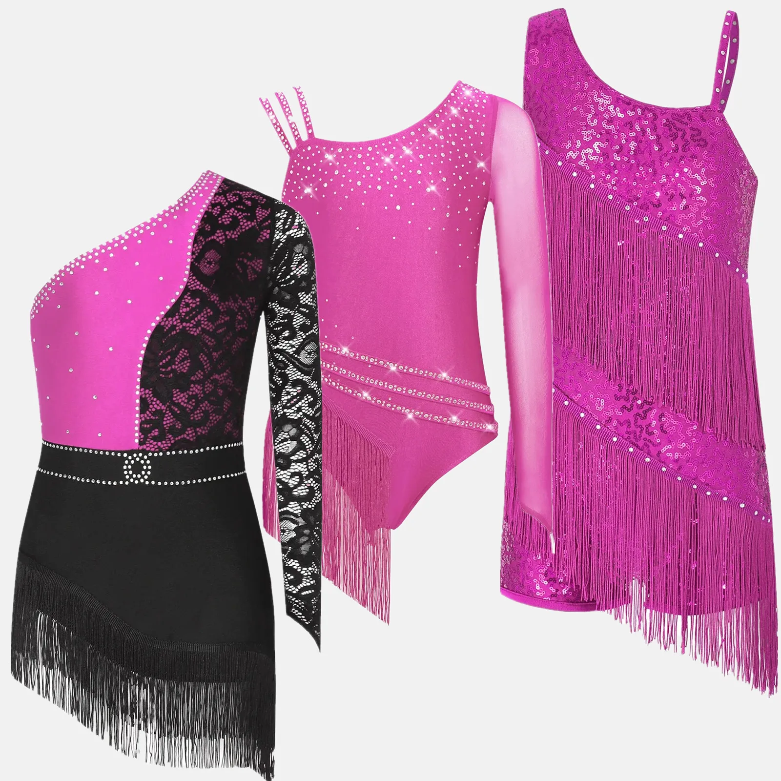 

Kids Girls Samba Rumba Jazz Cha Cha Latin Dance Performance Costume Shiny Rhinestones Lace Tassels Dance Leotard Dress Dancewear