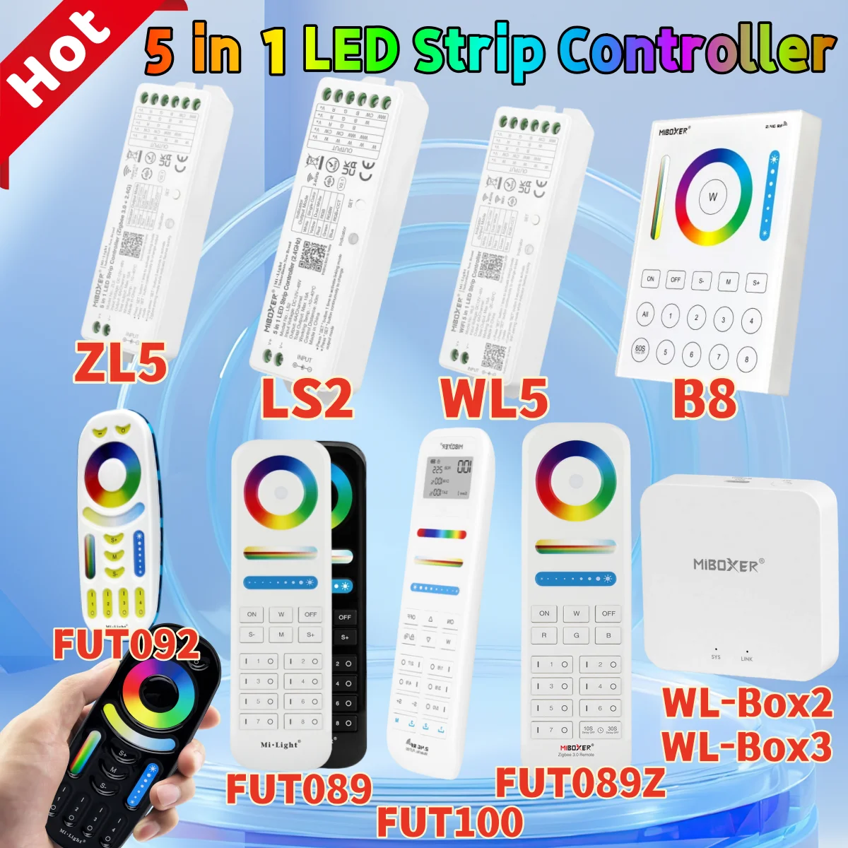 

Контроллер светодиодных лент Miboxer 5 в 1, Wi-Fi + 2,4 ГГц WL5/Zigbee + 2,4 ГГц ZL5/2,4 ГГц LS2, поддержка Alexa/Google Assistant/Control FUT089
