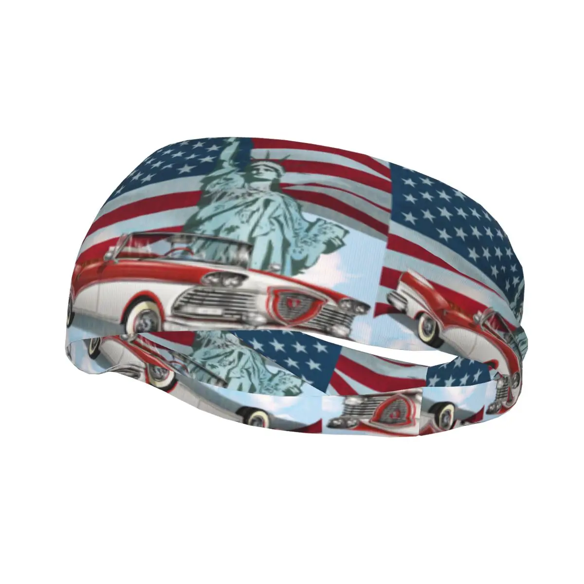 Waving USA Flag And Retro Car Elastic Hair Band Yoga Headband Makeup Hair Hoop Headwrap