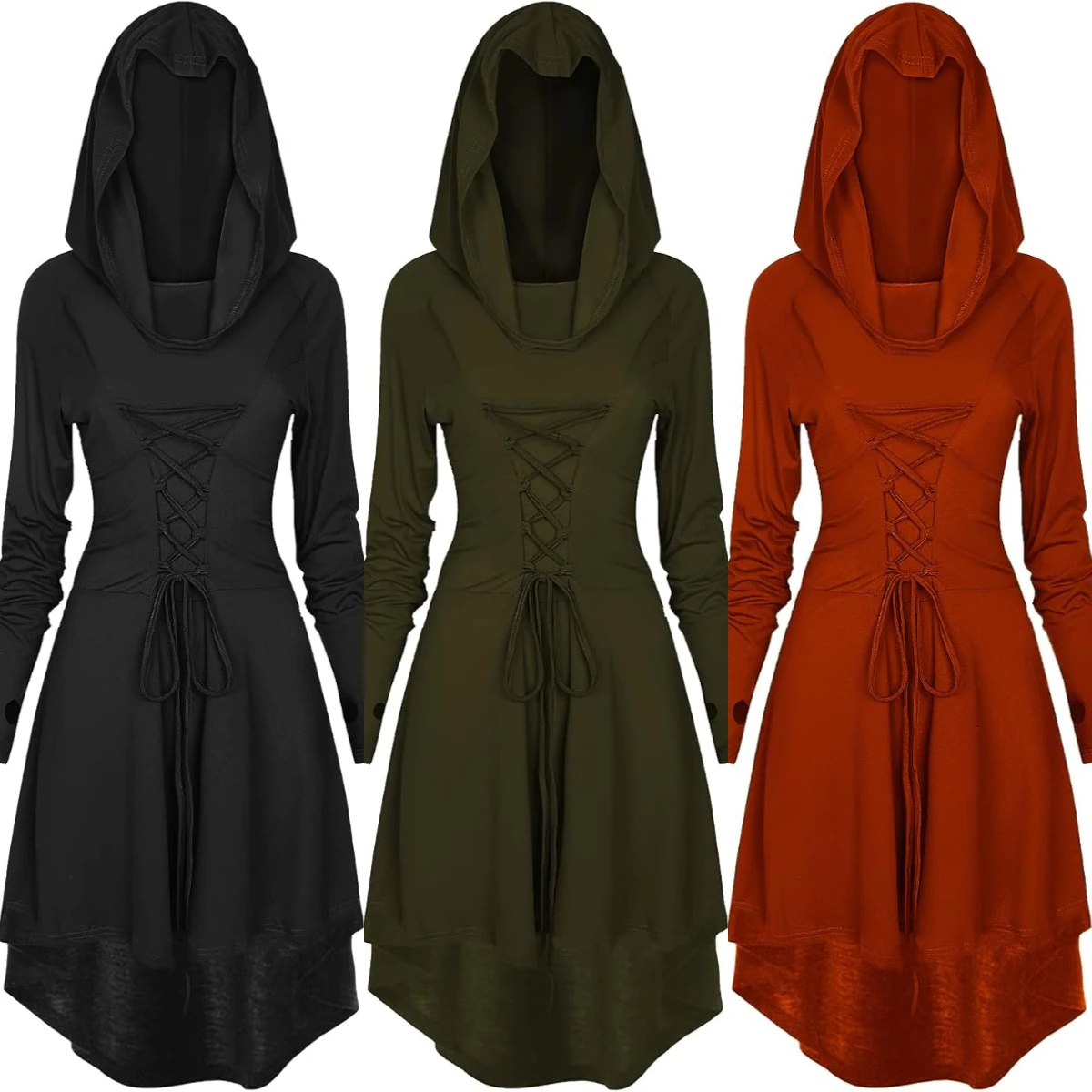 

Женские костюмы эпохи Возрождения, костюм на Хэллоуин для женщин, средневековый винтажный костюм с капюшоном, высокое низкое платье-пуловер