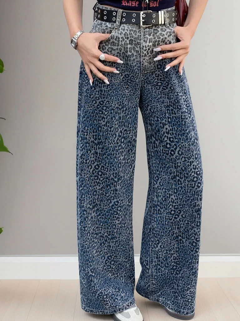 

Spring Season High Waist Glowing Slim Wide Leg Jeans Women's Casual Style Multi Pocket Water Washed Diamond Embellished Leopa...
