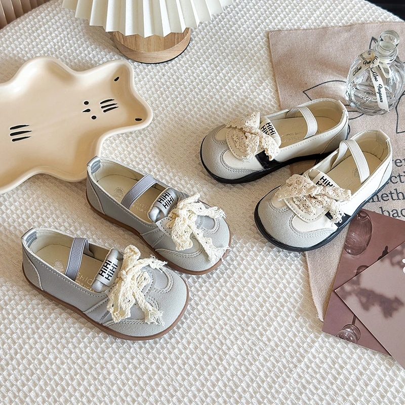 

2026 Spring and Fall New Girls Casual Small Single Shoes Girls Sports Wind Leather flats Children's Lace Bow Shoes