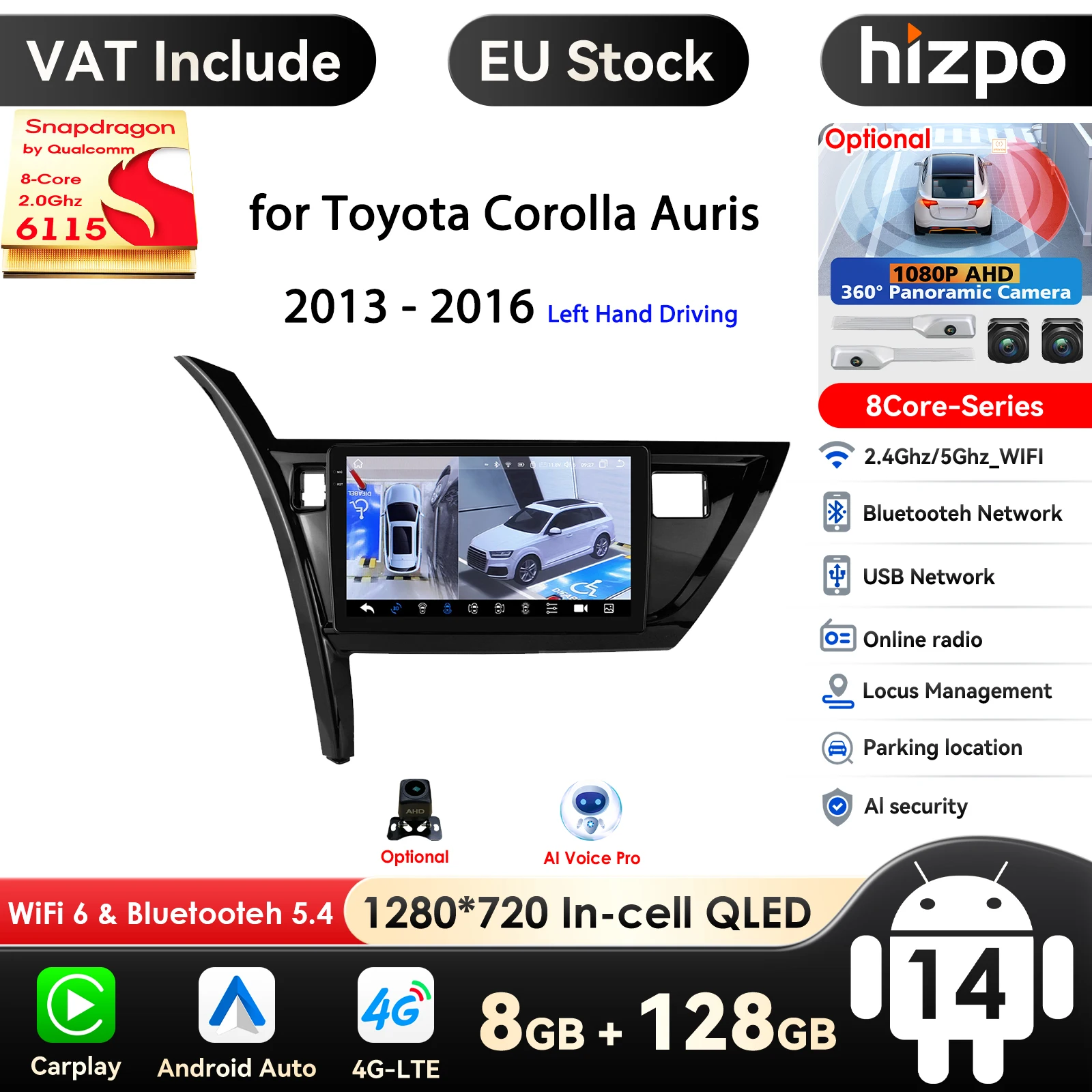 Hizpo 10.1 inch 6115 Intelligente Scherm Carplay 4G 2Din Android 14 Autoradio voor Toyota Corolla Auris 2013-2016 Linkerhand Rijden - afbeelding 2