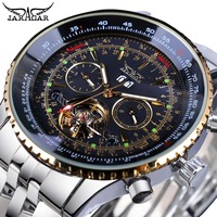 Jaragar 034 Top Brand Retro Blue Automatic Multifunctional Watch Stainless Steel Date Tourbillon Hollow Skeleton Watch Men Watch